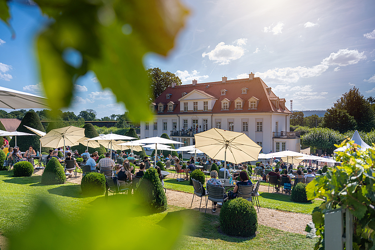 Sekt im Park auf Schloss Wackerbarth Besucher genießen Sekt im Park von Schloss Wackerbarth auf der Terrasse vor barocker Kulisse und Weinbergen bei sonnigem Wetter.