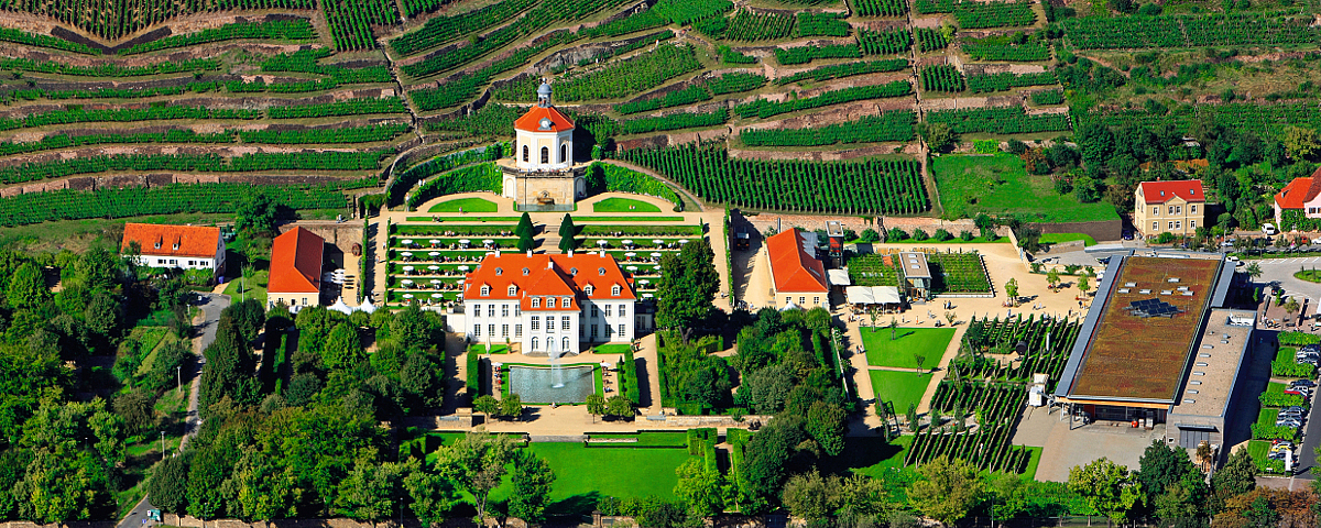 Europas erstes Erlebnisweingut Schloss Wackerbarth Aerial view of Wackerbarth Castle with baroque gardens, Belvedere and surrounding vineyards in Radebeul.