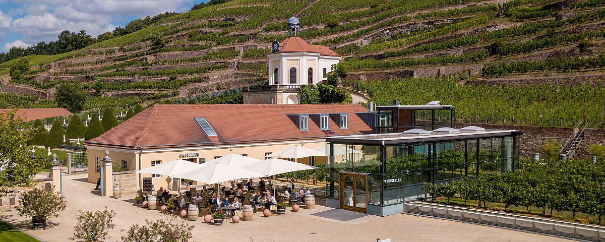 Gasthaus Schloss Wackerbarth Das Bild zeigt das barocke Ensemble von Schloss Wackerbarth mit dem Belvedere über der modernen Außengastronomie. Gäste genießen auf der großzügigen Sonnenterrasse regionale Spezialitäten und exzellente Weine, eingebettet in die beeindruckende Weinberglandschaft von Radebeul. Eine perfekte Verbindung von Kultur, Kulinarik und sächsischer Weinkunst.