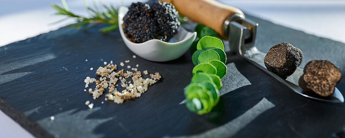 Sekt und Trüffel auf Schloss Wackerbarth Schwarze Trüffel auf Schieferplatte mit grobem Trüffelsalz, frischen Kräutern und Hobel – Sekt und Trüffel auf Schloss Wackerbarth