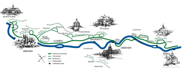 Karte der Sächsischen Weinstraße entlang der Elbe, mit markierten Weinorten wie Meißen, Radebeul und Dresden, sowie Wanderwegen, Weinbaugebieten und Sehenswürdigkeiten.