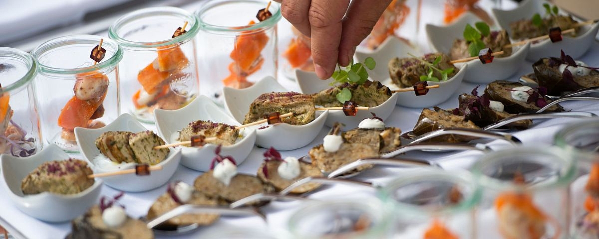 Schloss Wackerbarth Selection of decoratively arranged finger food appetisers, including salmon skewers, nuts and herbs, arranged on a buffet.